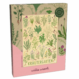 Illustration eines detailreichen Kräutergartens mit verschiedenen Kräutern wie Basilikum, Thymian und Rosmarin, zusammengesetzt als Puzzle, dekorativ und farbenfroh.