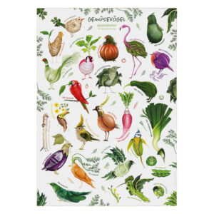 Poster mit 15 bunten Gemüsevögeln, Illustration aus Vogel und Gemüse.