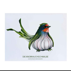 Poster DIN A3 Die Knobrauchschwalbe – fantasievoller Gemüsevogel aus Rauchschwalbe und Knoblauch, gedruckt auf Recyclingpapier.