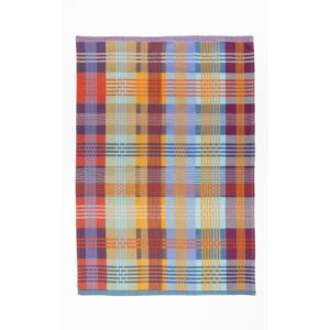 Bunt kariertes Geschirrtuch mit großflächigem Patchwork-Muster in Blau-, Rot-, Gelb-, Orange- und Lilatönen, mit orangefarbener Aufhängeschlaufe oben mittig und schmalen, gestreiften Abschlusskanten.