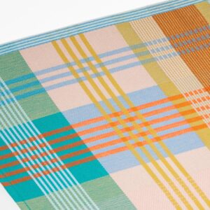 Bunt kariertes Geschirrtuch mit großflächigem Patchwork-Muster in Hellblau-, Türkis-, Gelb-, Orange- und Rosatönen, mit weißer Aufhängeschlaufe oben mittig und schmalen, gestreiften Abschlusskanten.