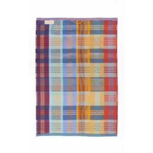 Geschirrtuch - wild weave #95A 7 Bunt kariertes Geschirrtuch mit großflächigem Patchwork-Muster in Blau-, Rot-, Gelb-, Orange- und Lilatönen, mit orangefarbener Aufhängeschlaufe oben mittig und schmalen, gestreiften Abschlusskanten.
