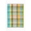 Rechteckiges Geschirrtuch mit modernem Karomuster in vertikalen Streifen. Farbverlauf in Türkis, Hellblau, Grün, Gelb, Senf, Beige und Rosa mit feinem Schachbrett-Design. Helle, freundliche Farbgebung, flach auf weißem Hintergrund fotografiert.“